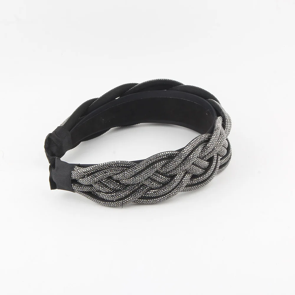 New wind wide edge high cranial top headband female 2024 heavy industry rhinestone braid super wide bright twist headband female