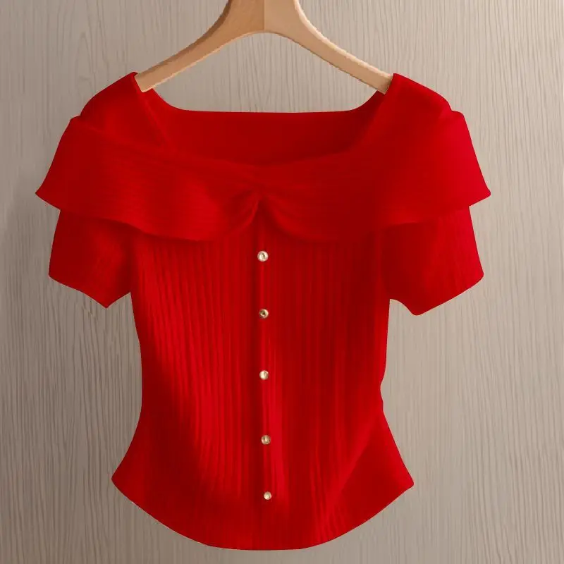 Summer French Square Collar Short-sleeved T-shirt Sweater for Women's Design Niche Slim Short Top Trendy