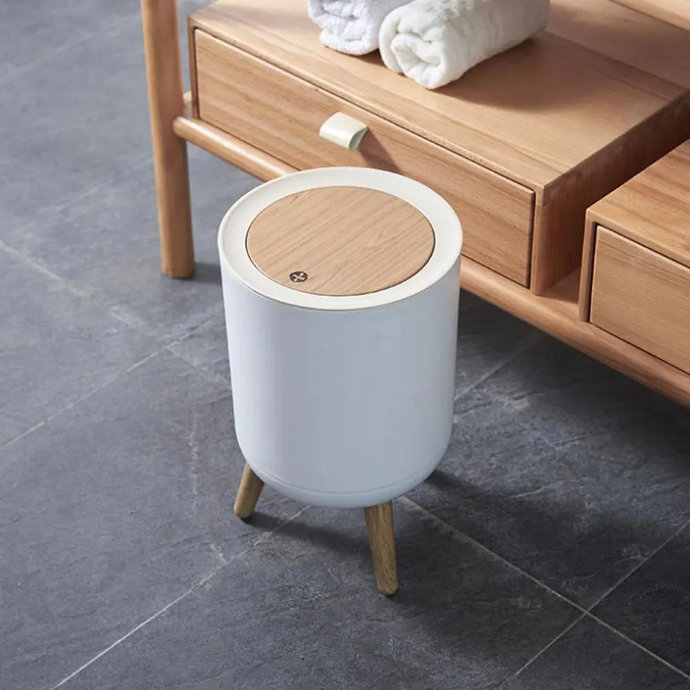 

Press Trash Can High foot Wooden Pattern Kitchen Ash bin Household Waste Bucket Plastic Reusable Environmental Protection