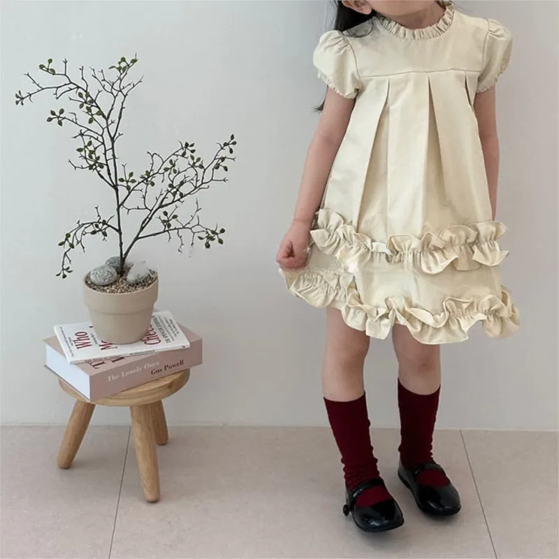 

Child Vintage Puff Sleeve Vestido Summer Baby Clothes 1-7Y Baby Girl Princess Cotton Rufferled Collar Dress Infant Toddler