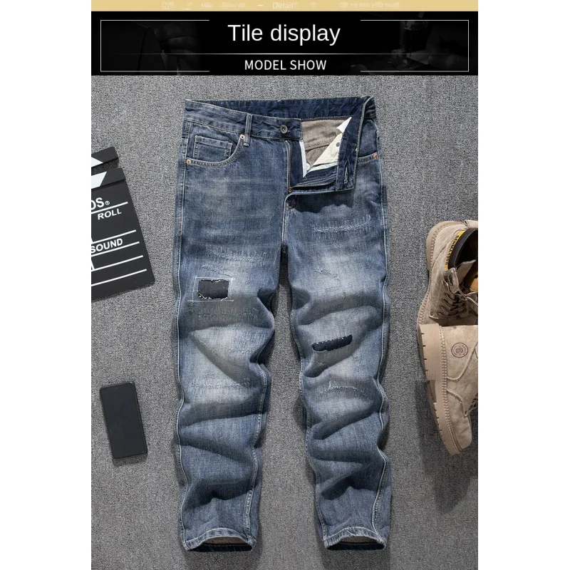 

Japanese fashion retro jeans for men in 2025, loose straight tube patch, street nostalgic denim pants