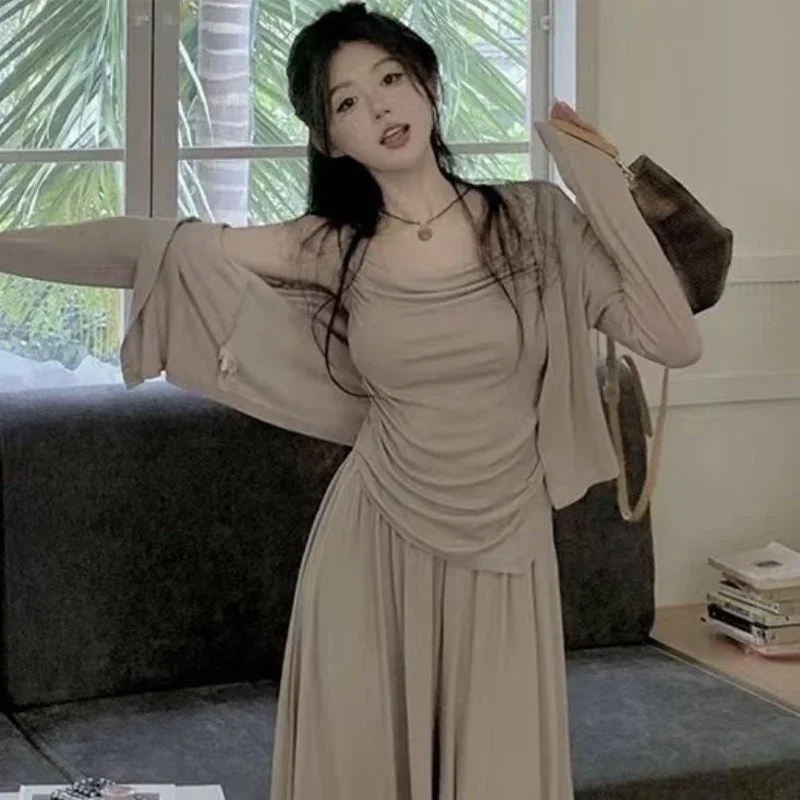

Lazy Casual Set for Women's Spring Autumn New Irregular Camisole+thin Shirt Coat+high Waisted Pants Temperament Three Piece Set