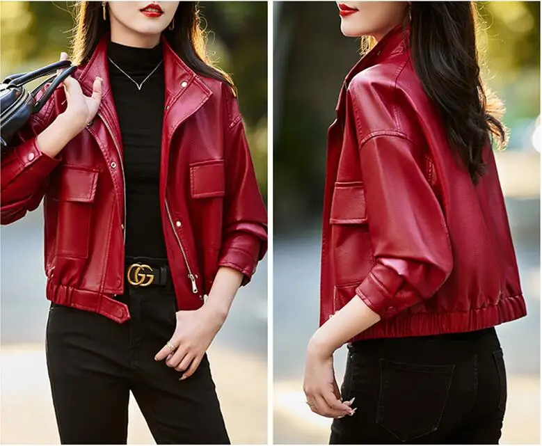 Black Woman Leather Jacket Vintage Bomber Coat Fashion Zipper High Street Female PU Coat Outwear Moto Biker Jackets