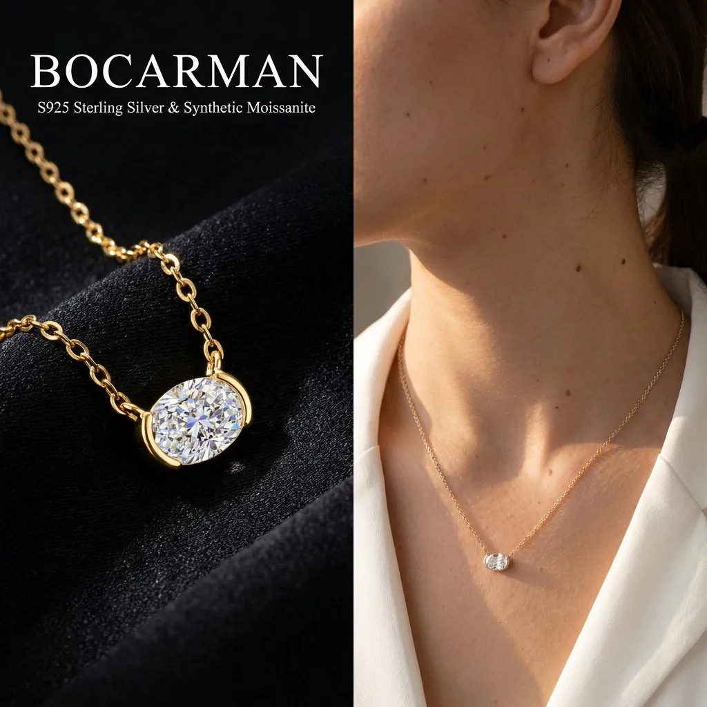 Bocarman 14K Gold Plated S925 Sterling Silver Oval Cut D Color Moissanite Pendant Necklace GRA Certified VVS1 Brilliant Cut Fire