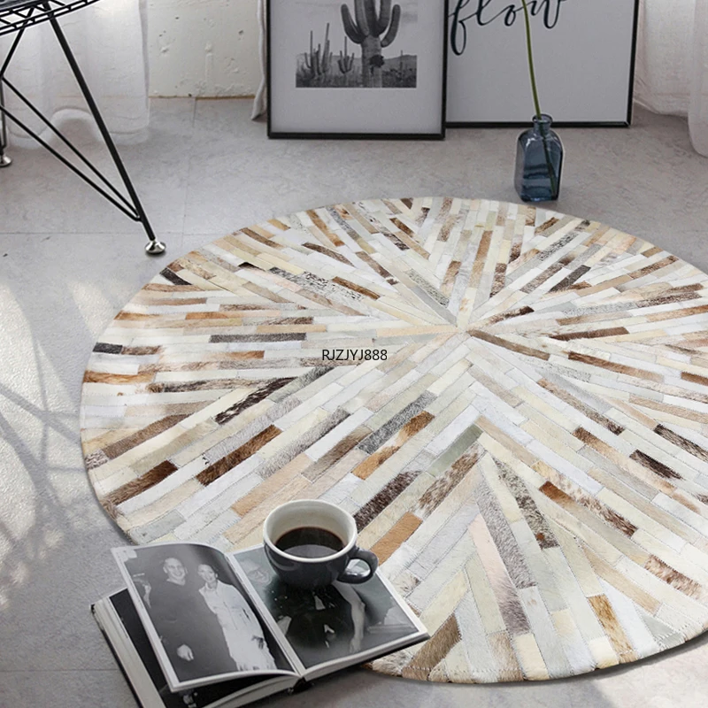 Luxury Cowhide Seamed Striped Round Rug , Round Shaped Real Cow Skin Patchwork Carpet for Living Room Bedroom Decoration Rug