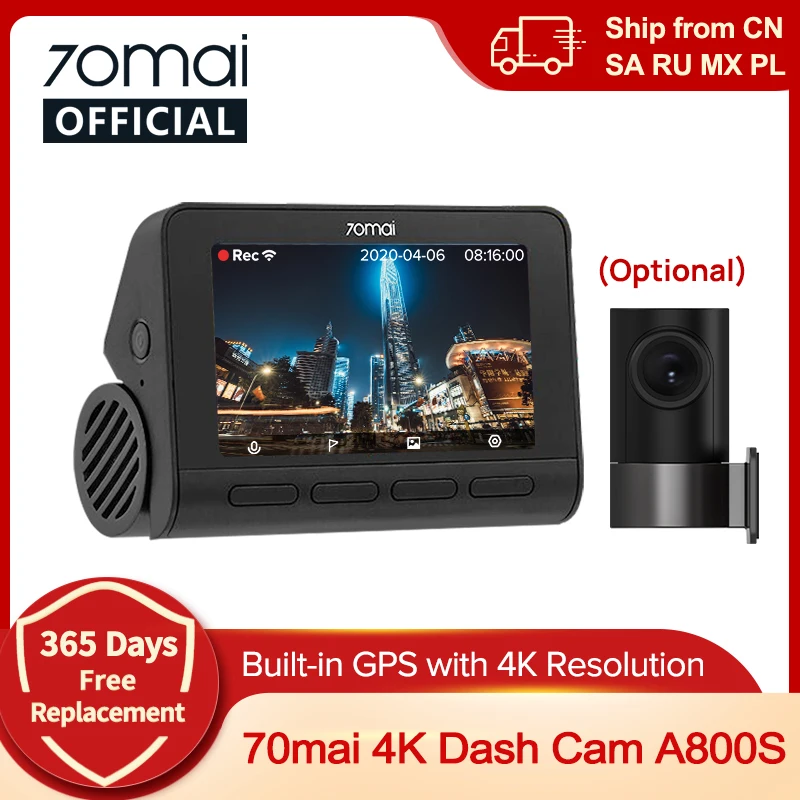 70mai A800S Dash Cam 4K UHD Cinema-quality Built-in GPS ADAS 70mai 4K Front Cam A800S Support 24H Parking Support Rear Cam