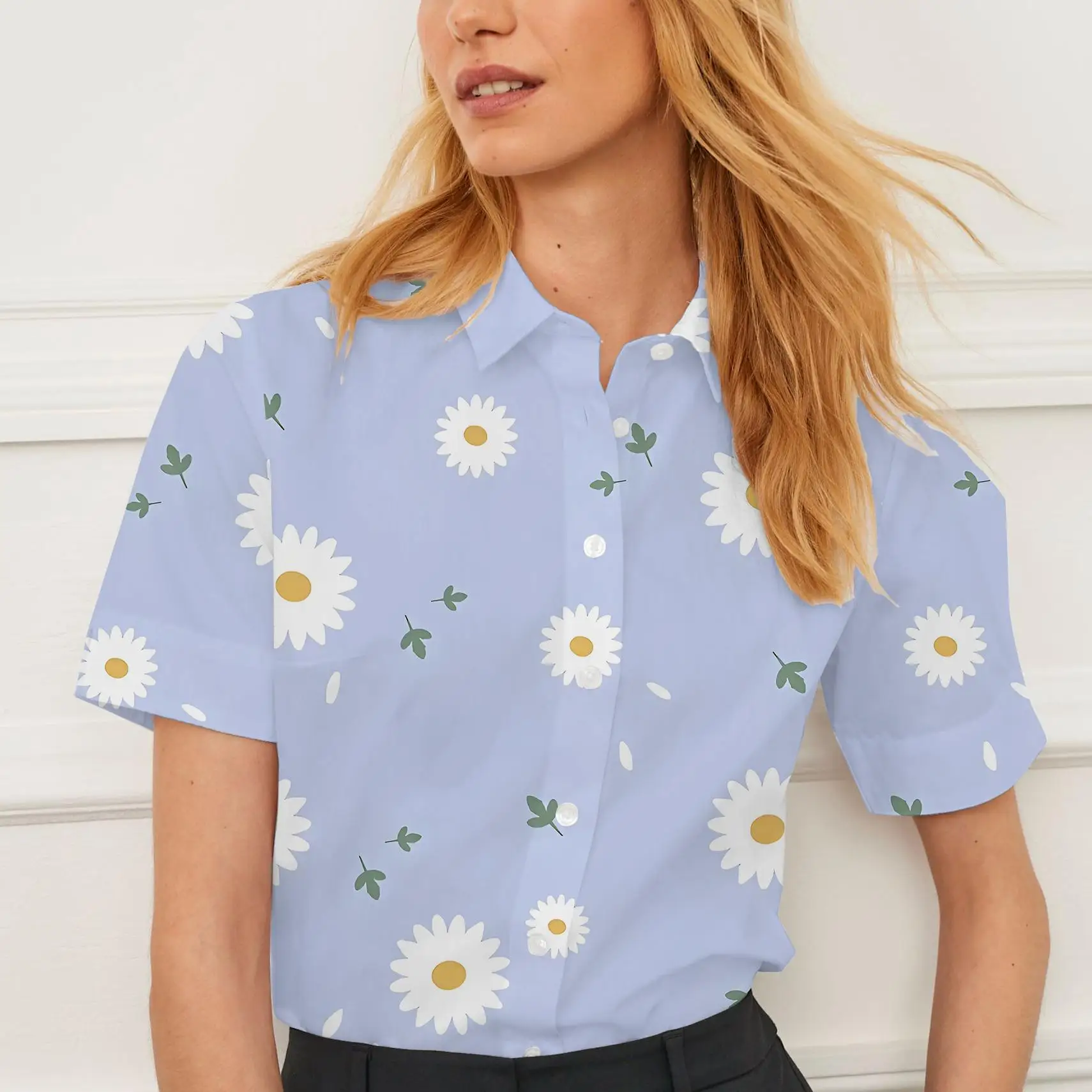 Рубашка с коротким рукавом, летняя женская одежда с лацканами, женские топы с принтом ромашки, модные повседневные дышащие индивидуальные топы