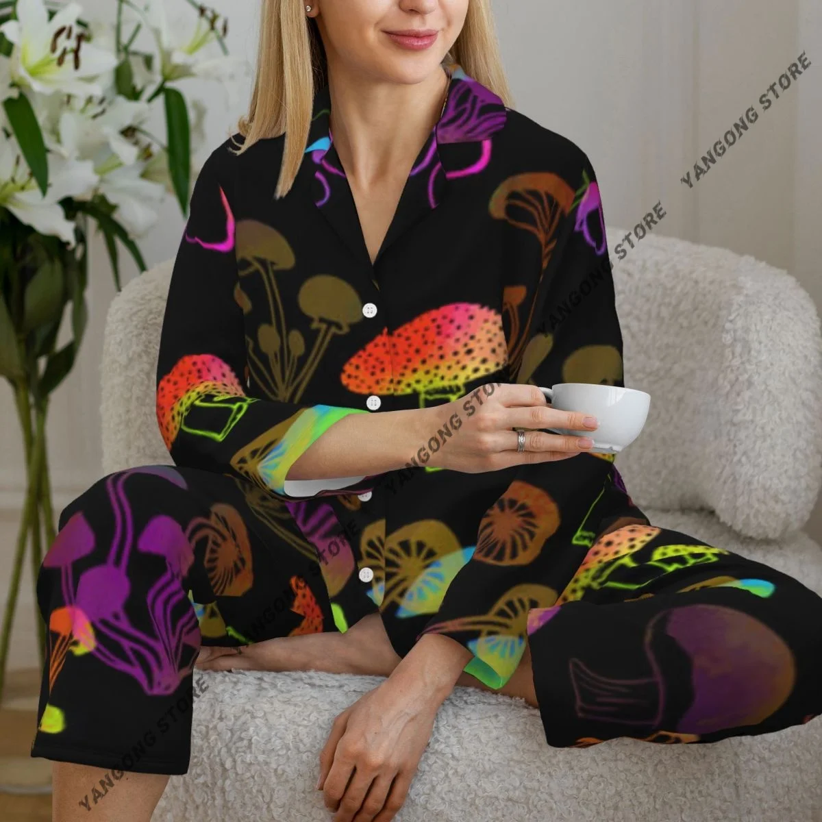 

Женская одежда для сна, пижамы с цветными грибами, пижама с длинными рукавами, женский комплект, пеньюар, кардиган, костюм