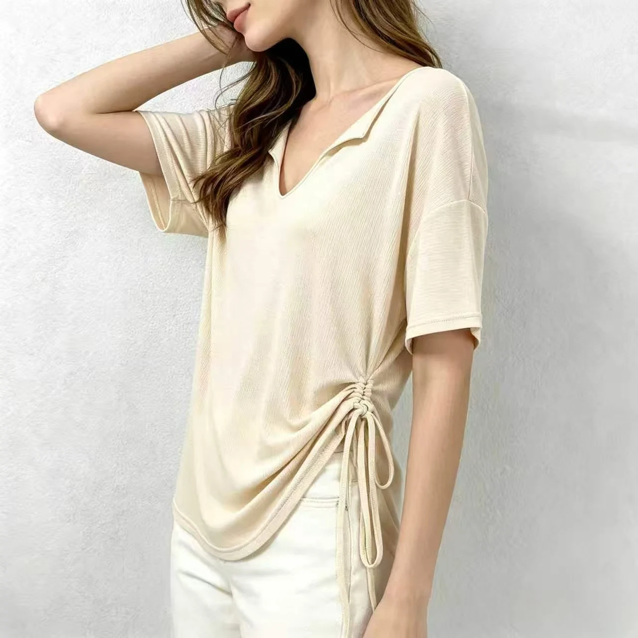 Yoga Clothing 2026 New Style Top Pilates Cover-Up Shirt Gentle and Lazy Style Short-Sleeved Breathable Comfortable V-Neck That Highlights Shoulders and Neck