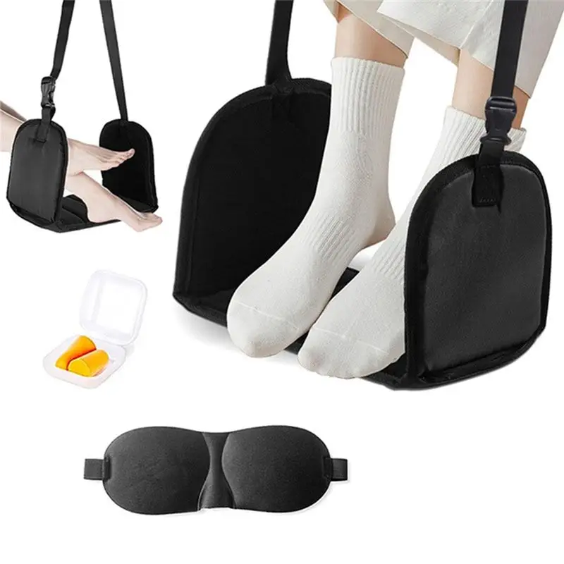 A74E-Airplane Foot Hammock, Foot Rest For Under Desk At Work, Length Adjustable Airplane Foot Rest, With Eye Mask