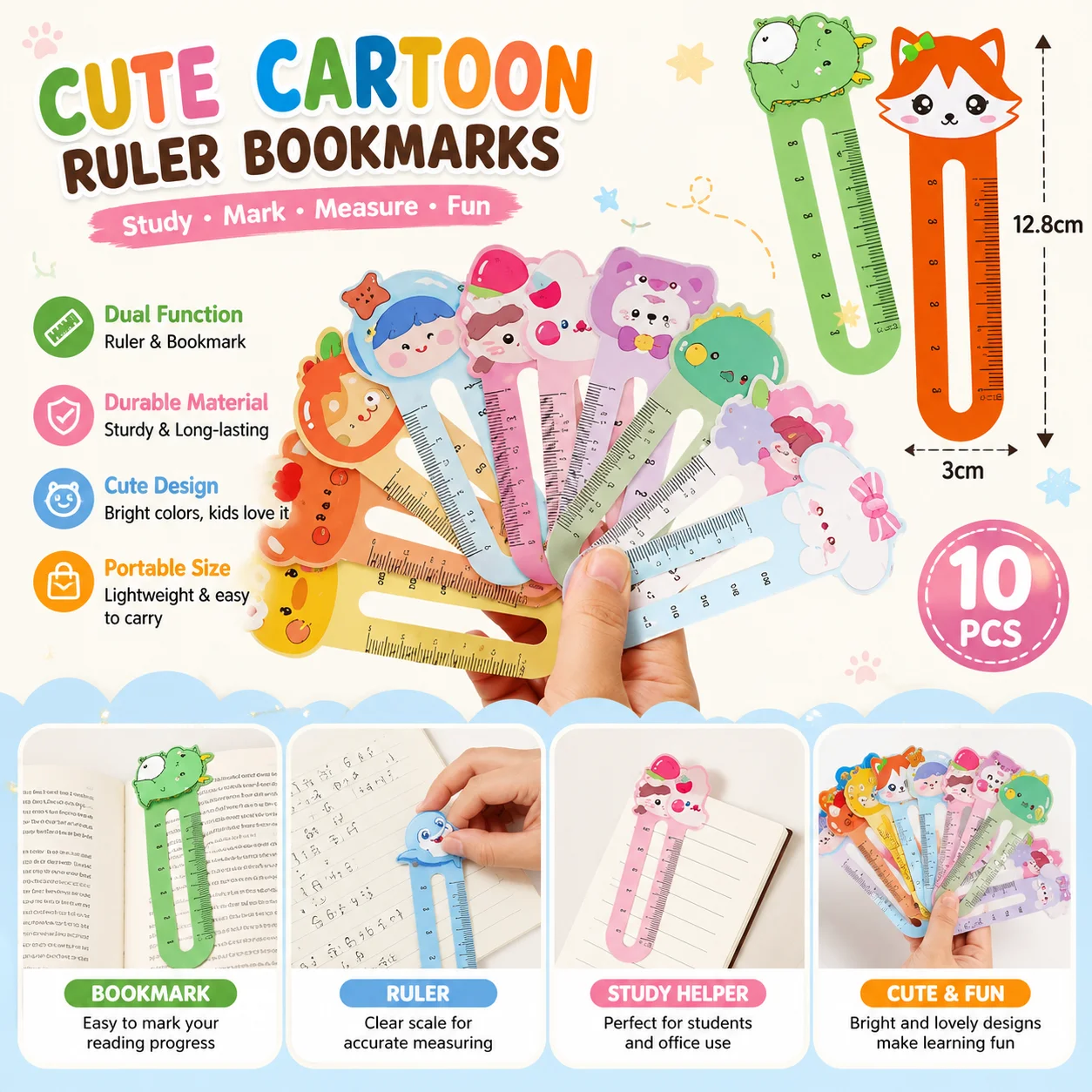 10PCS Cartoon Animal Ruler Bookmarks Cute Reading Book Markers Measuring Rulers for School Office