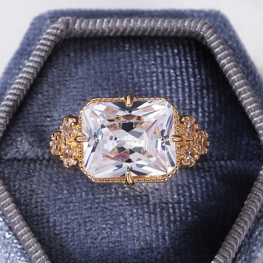 Retro Royal Style Gold Color Side Paved 5A Zircon Big Cushion Crystal Ring for Women Luxury Evening Dress Cocktail Party Jewelry