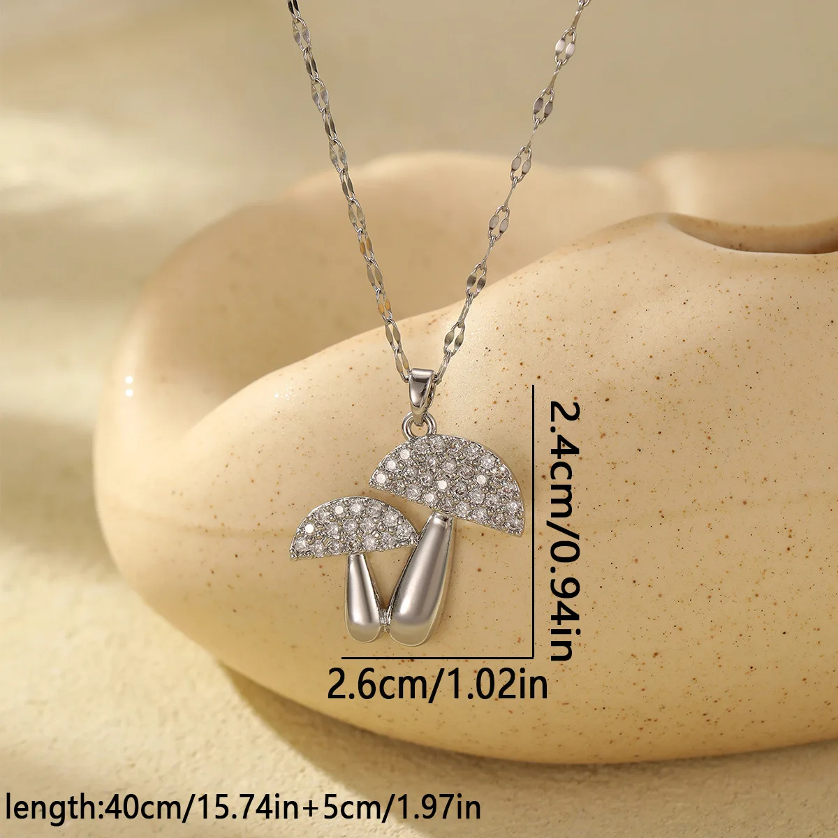 Women's Stainless Steel Mushroom Necklace with Cubic Zirconium Inlay Genuine Gold Plated Pendant Fashionable Jewelry Accessory