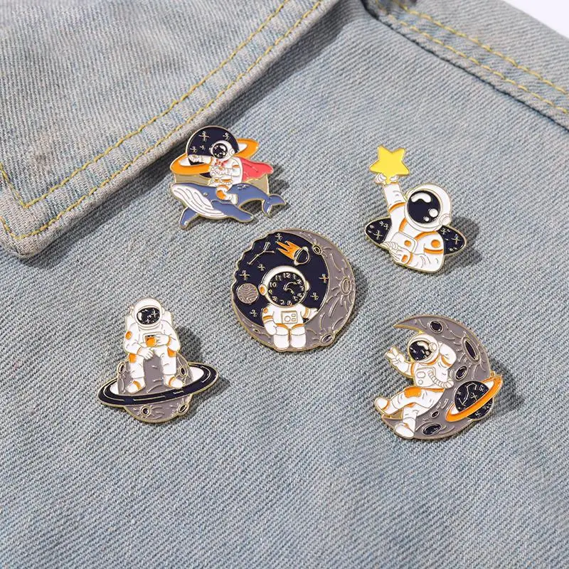Astronaut Enamel Pins Planet Rocket Whale Star Moon Galaxy Coffee Metal Brooches Badges Pins up Gift for Space Lover