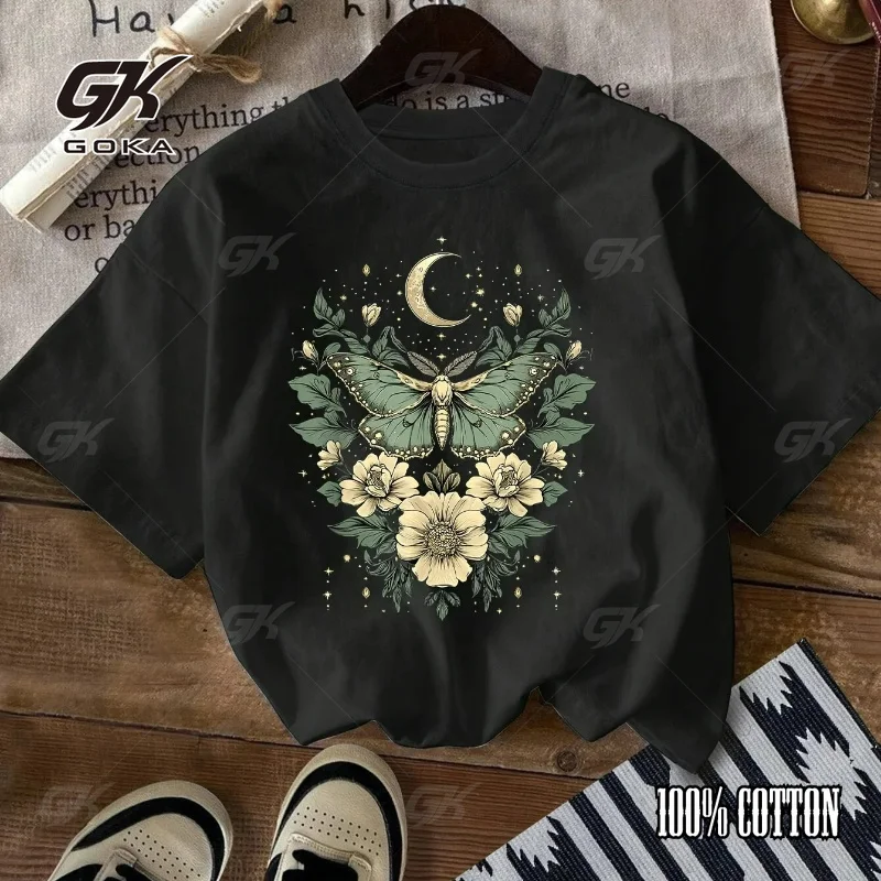 Women's Casual Short-sleeved Crew Neck T-shirt with Floral and Butterfly Print Adorned with Stars  Polka Dots Comfortable