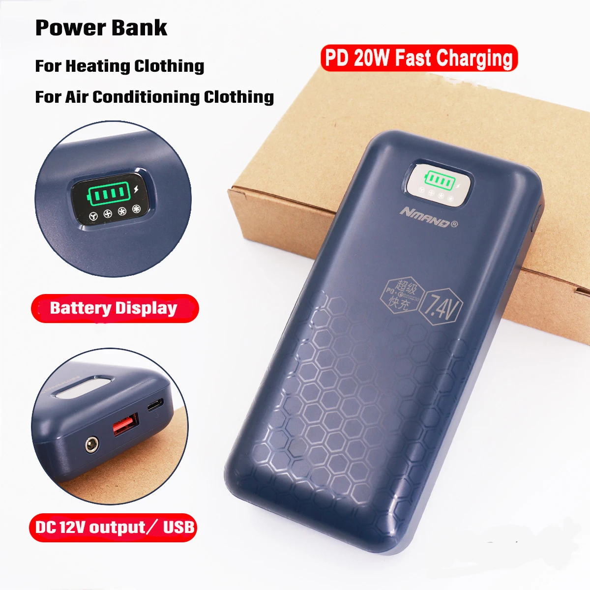 

20000mAh Power Bank 12V Fast Charging External Battery Portable Charging For iPhone Fan Vest Air Conditioning Clothing Powerbank