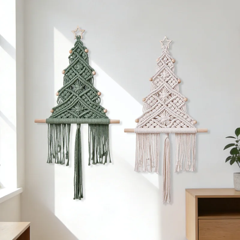 Macaron Hand Woven Christmas Tree Macrame Wall Hanging, Cotton Rope Wooden Stick Boho Tapestry, Xmas Wall Decor for Living Room - view 3
