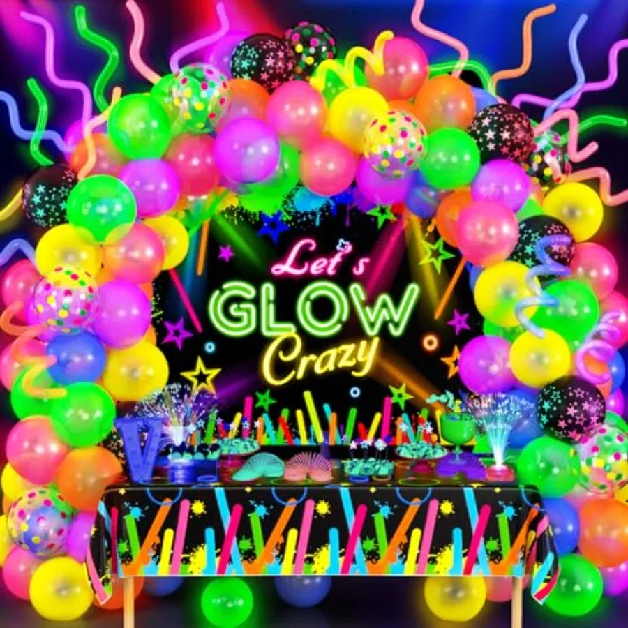 

161Pcs Neon Party Decorations Glow in the Dark Birthday plies Neon Balloon Arch Kit and Backdrop Tablecloth UV Blacklight Lumin