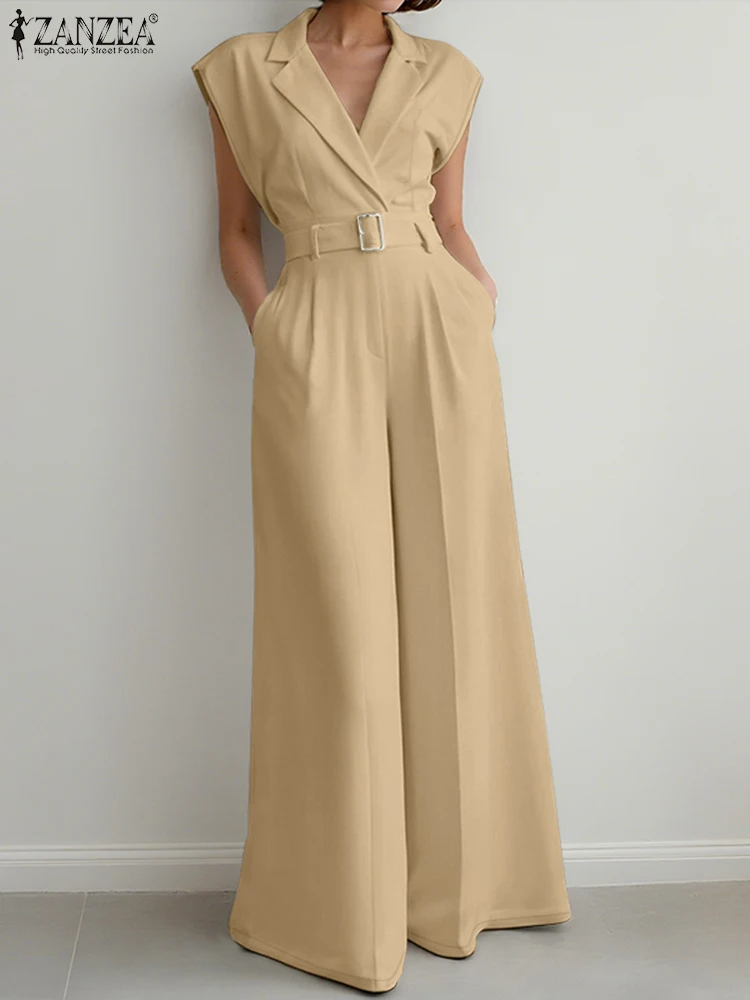 

ZANZEA Fashion Women Jumpsuits 2025 Summer Solid Overalls Pants Elegant OL Work Wide Leg Pants Sleeveless Rompers Streetwear