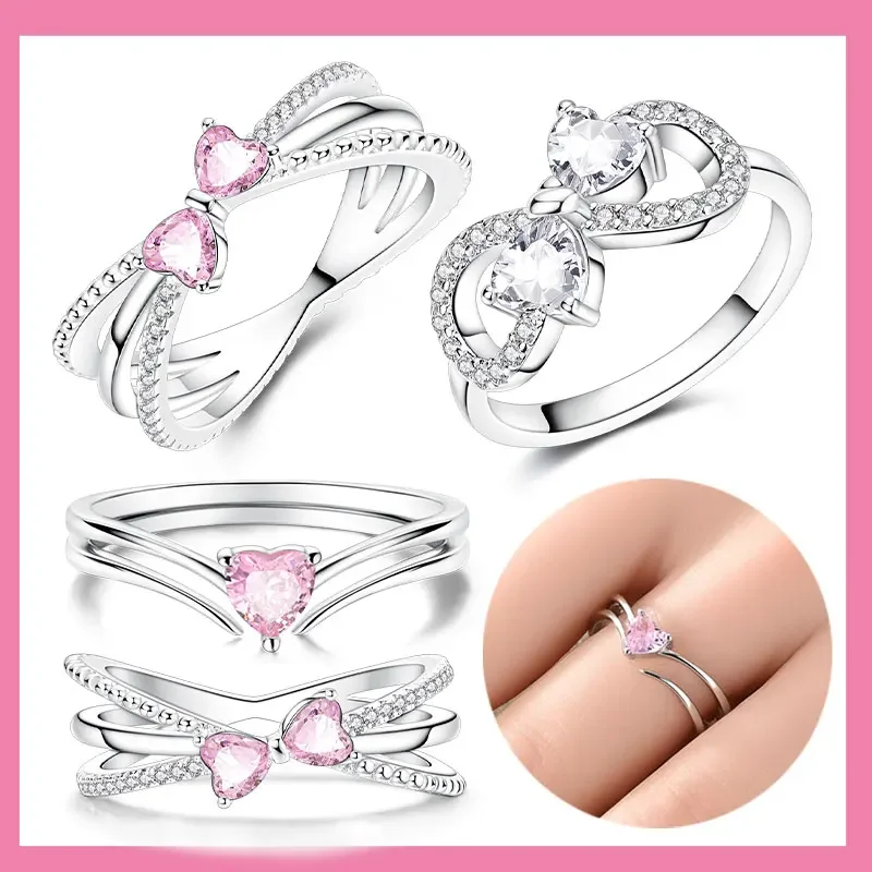 

New 925 Silver Infinity Love Pink Heart Shiny Cubic Zircon Rings Evil Eye Signet Ring for Women Protection Lucky Jewelry Gift