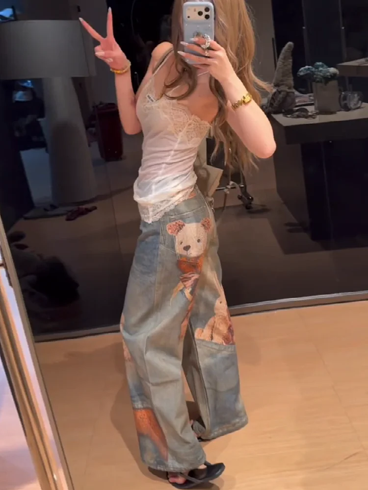 American Retro 3D Bear Print Wide Leg Jeans Women's Spring Summer Loose Slim Lazy Straight Floor-Length Pants