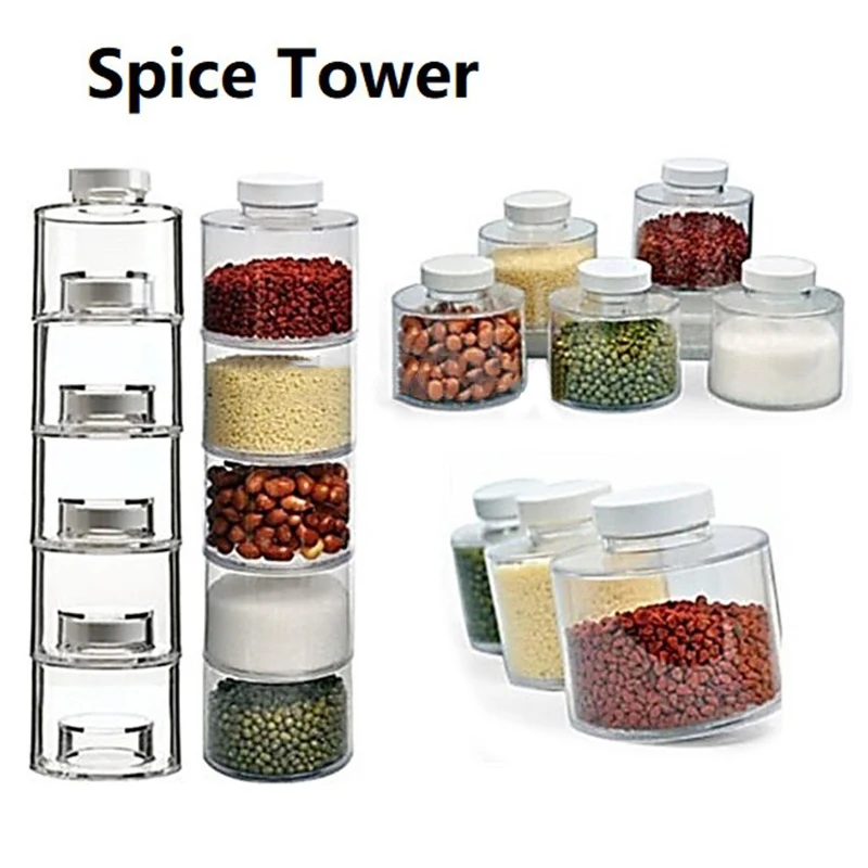 

6Pcs/Set Spice Jar Pepper Shaker Box Spice Tower Herb & Spice Tools Transparent Seasoning Cans Kitchen Rack Condiment Bottles