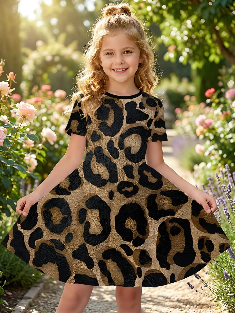 Leopard Print Summer Girls Dress Short Sleeves All Printed Frocks Cute A-Line Princess Dress for Young Girls Outdoor Casual Wear