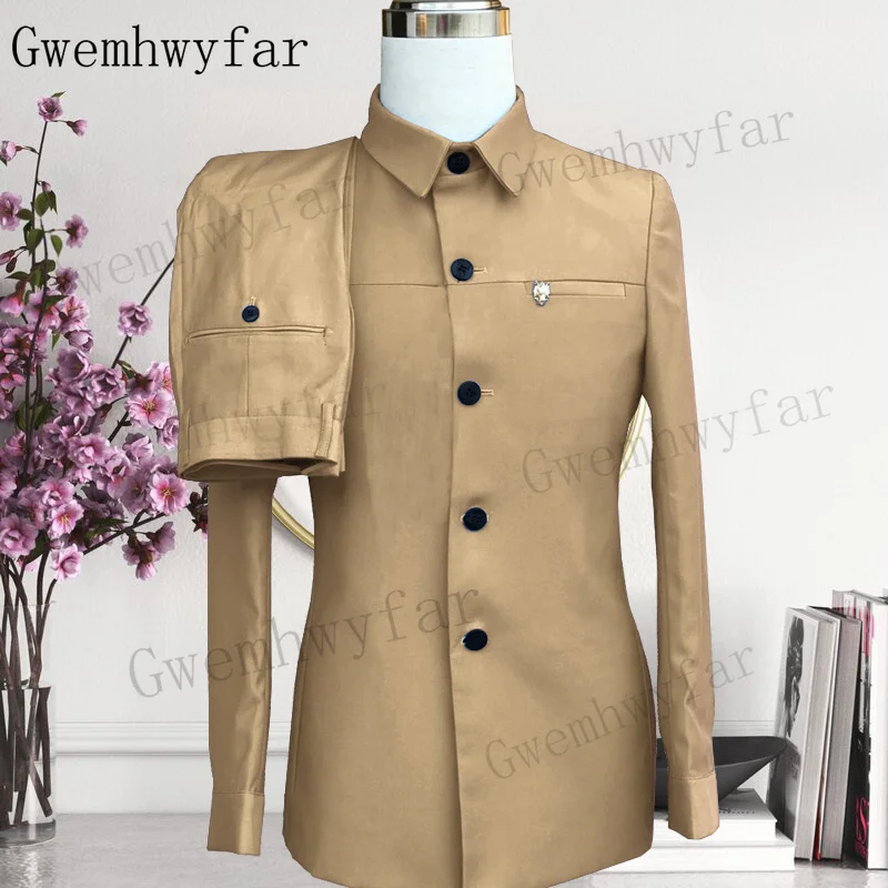 Gwenhwyfar-traje de cuello de pie para hombre, chaqueta y pantalones, informal, a la moda, para fiesta de boda, primavera y verano, nuevo estilo