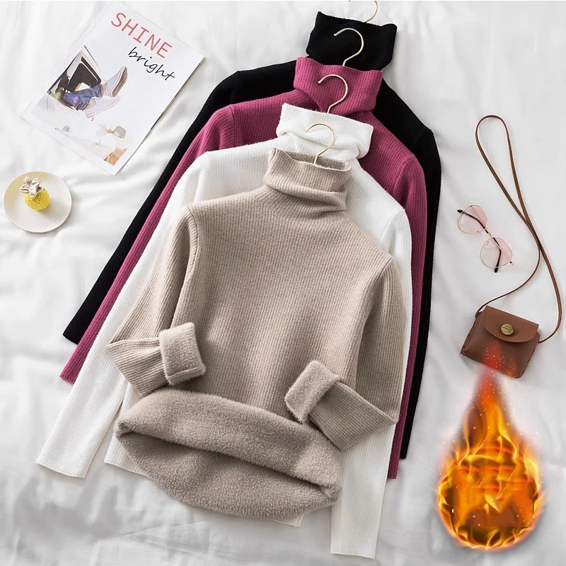 Turtleneck Sweater Plus Velvet Women Solid Colors Bottoming Pullover All-Match Long Sleeve Top Autumn Winter Fleece Lined Sueter