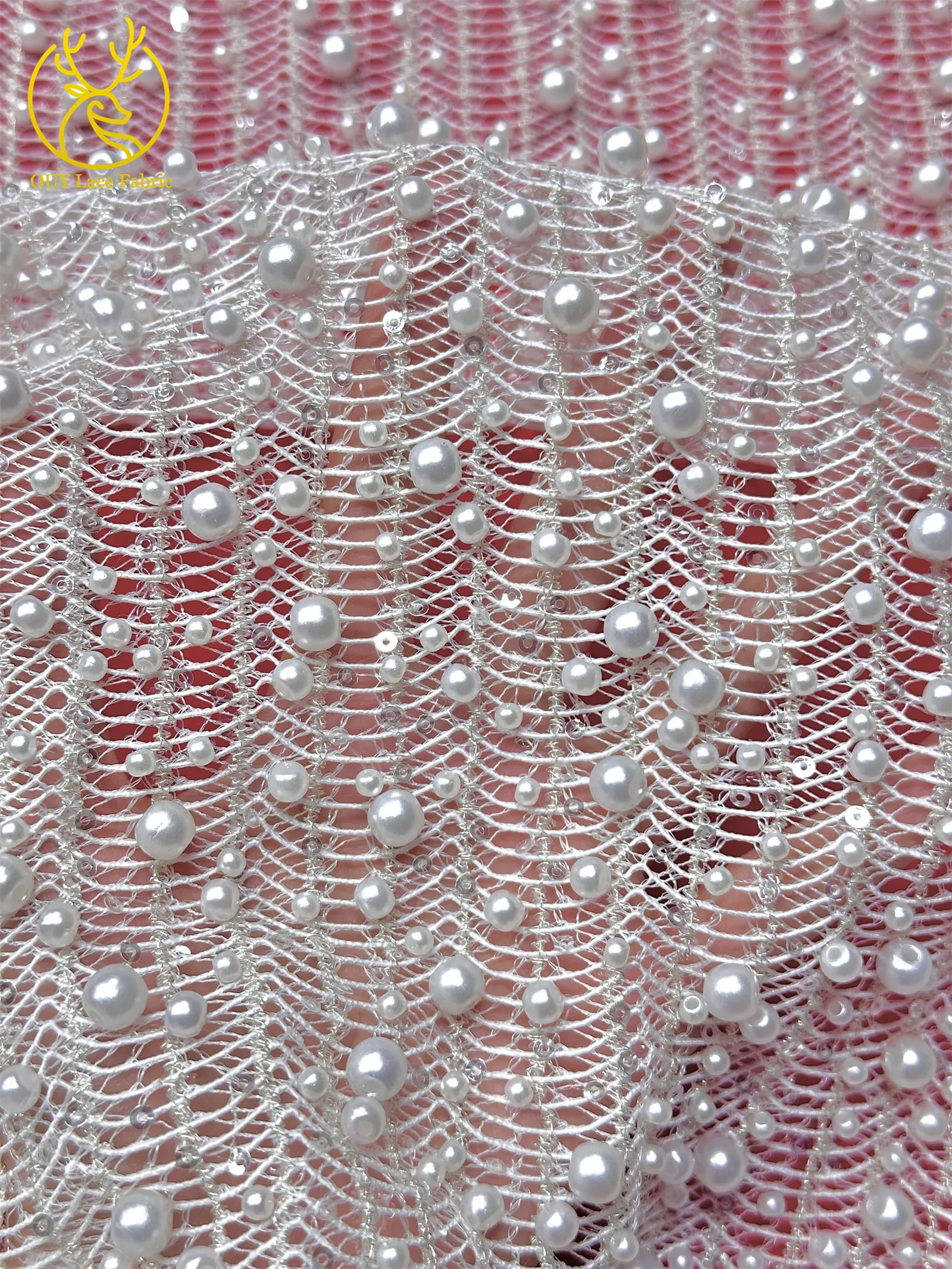 Neues Design Afrikanischer Großer Perlen-Spitzenstoff 2026 Nigerianischer Perlen-Pailletten-Spitzenstoff für Abendkleider Nähen 5 Yards – Detail 11
