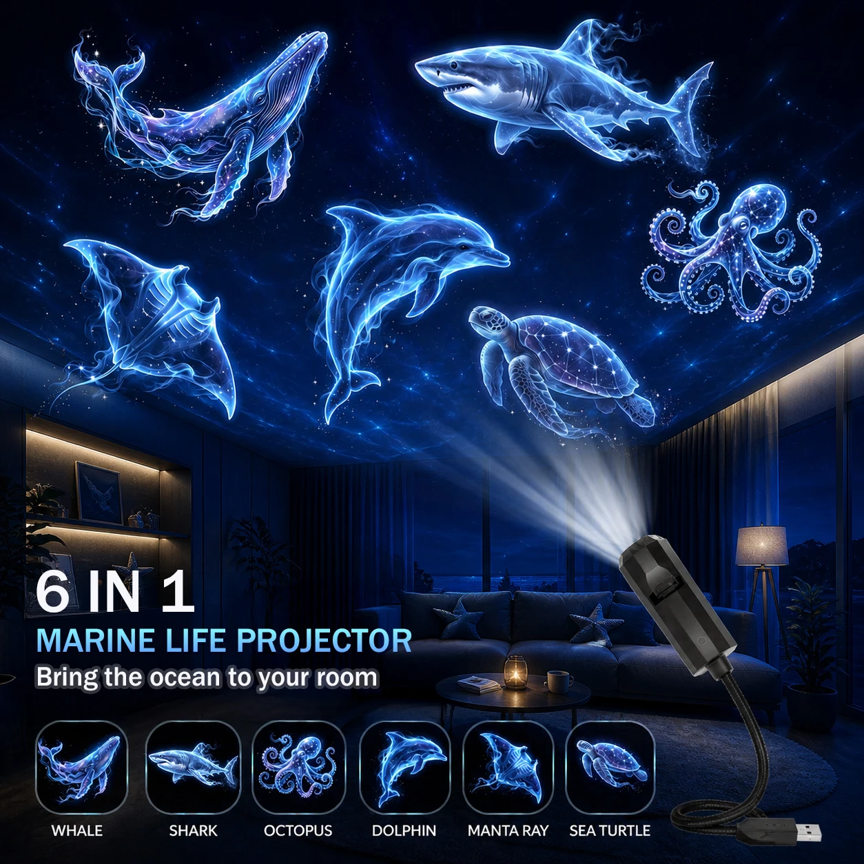 Six Ocean-Themed Projectors, Featuring Images of Dolphins, Sharks, and Sea Turtles, Create a Romantic Deep-Sea Scene.