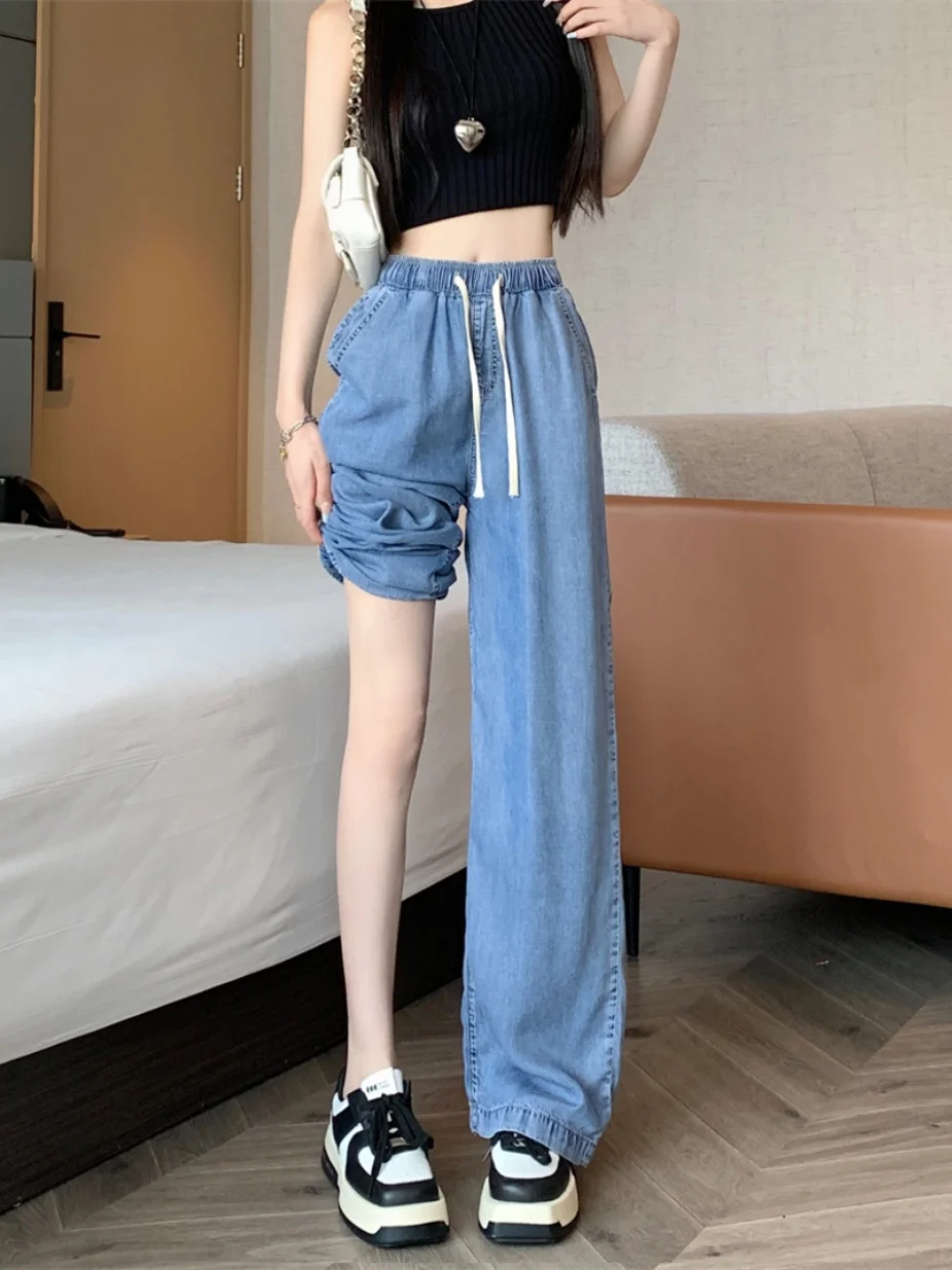 جينز نسائي عالي الخصر وواسع الساق صيفي رفيع وفضفاض وخصر مرن وفضفاض مناسب للتخسيس سروال طويل #4