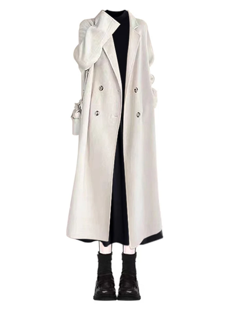 mat Double-Breasted Beige Dr And Coat Set Waist-Cinching Chic Winter Faion Ensemble Long Sve Knitted Top