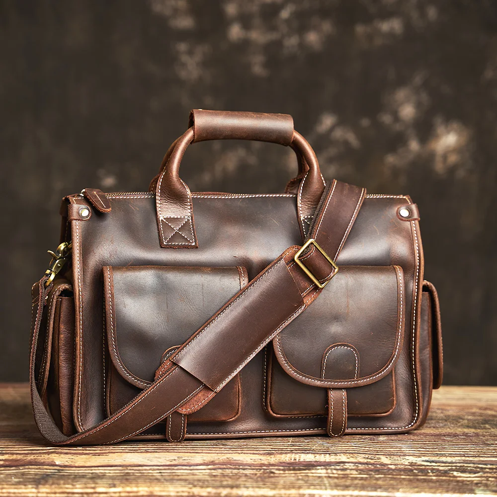 Nupugoo Vintage Echt leder Herren Aktentasche Umhängetasche verrückte Pferd Leder Handtasche mit 16-Zoll-Laptop – Detail 7