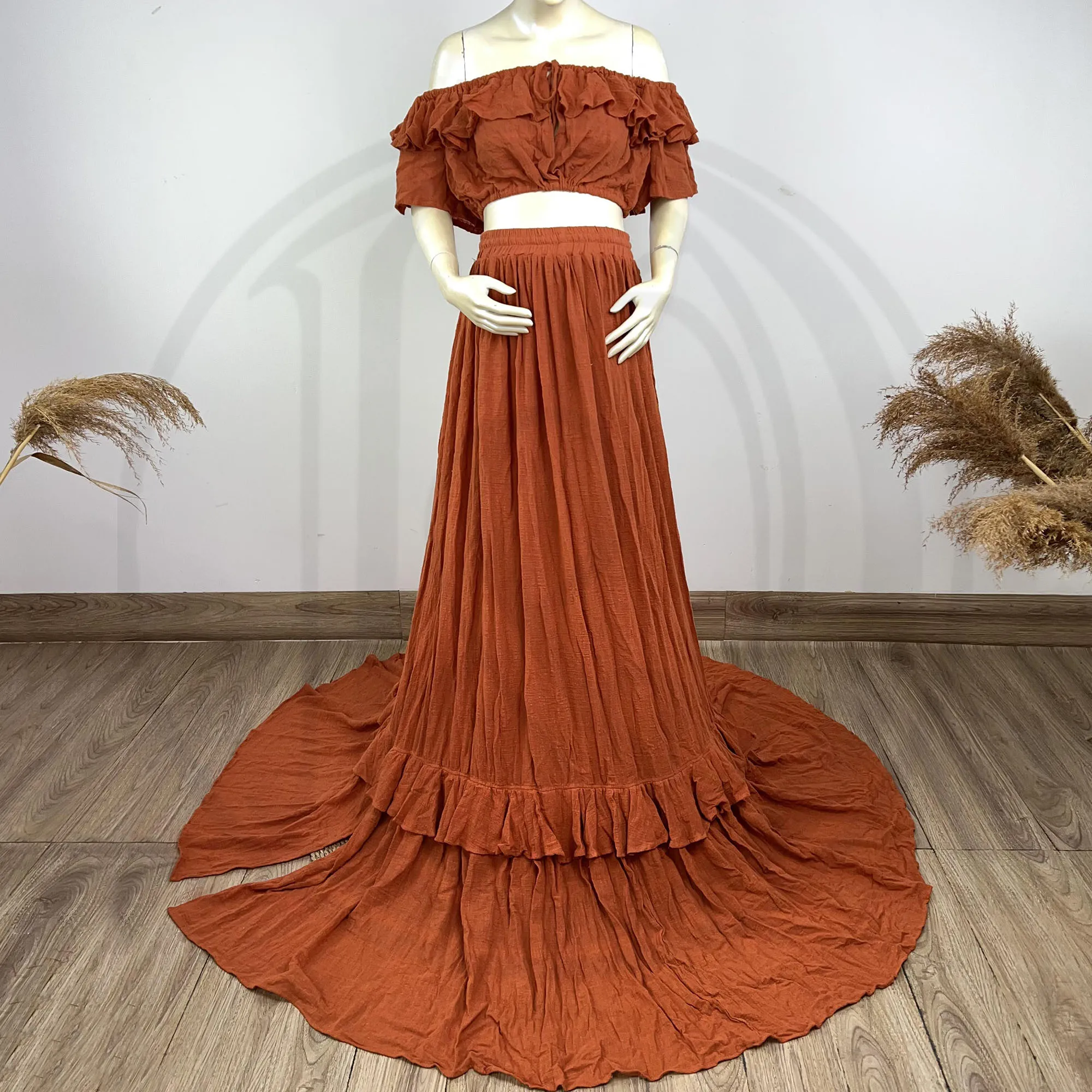 Don&Judy Ensemble Featuring Deep V-Neck Halter Top With Cascading Ruffles and Flowing Floor Length Skirt For Party Shoot