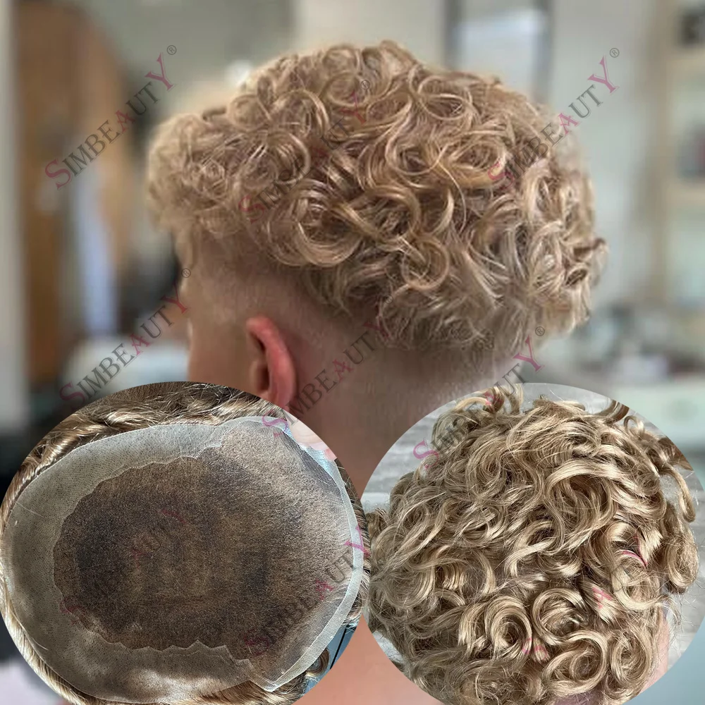 

25 мм кудрявые волосы 22r # Мужской парик-накладка Honey Blonde Q6 с невидимым кружевным фронтом и полиуретановой основой, оттенки 1B40, 1B80, серый, с отбеленными узлами, из натуральных человеческих волос