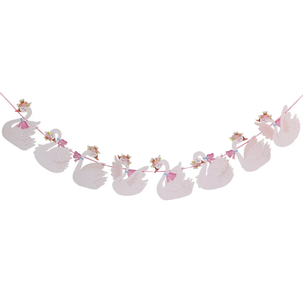 White Pink Happy Birthday Banner Decorations Baby Shower Paperboard Swan Princess Birthday Party Bunting Hanging Wall Decor