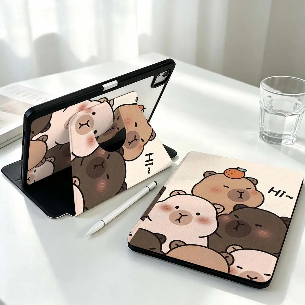 Cartoon Fun Capybara For Xiaomi Mi Redmi Poco Pad 8 7 7S 6 6S 5 SE Pro Ultra 360° Rotation Stylus Storage Tablet Case