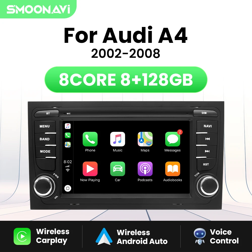 Wireless Carplay Car Multimedia Player For Audi A4 2002-2007 S4 RS4 B6 B8 B7 Android 12 Wifi Radio AI Voice Navigation 128GB GPS