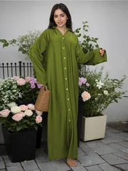 Eid Muslim Party Dress Women Jalabiya Abaya Solid V Neck Morocco Dresses Ramadan Button Up Abayas Kaftan Islam Dubai Arab 2024