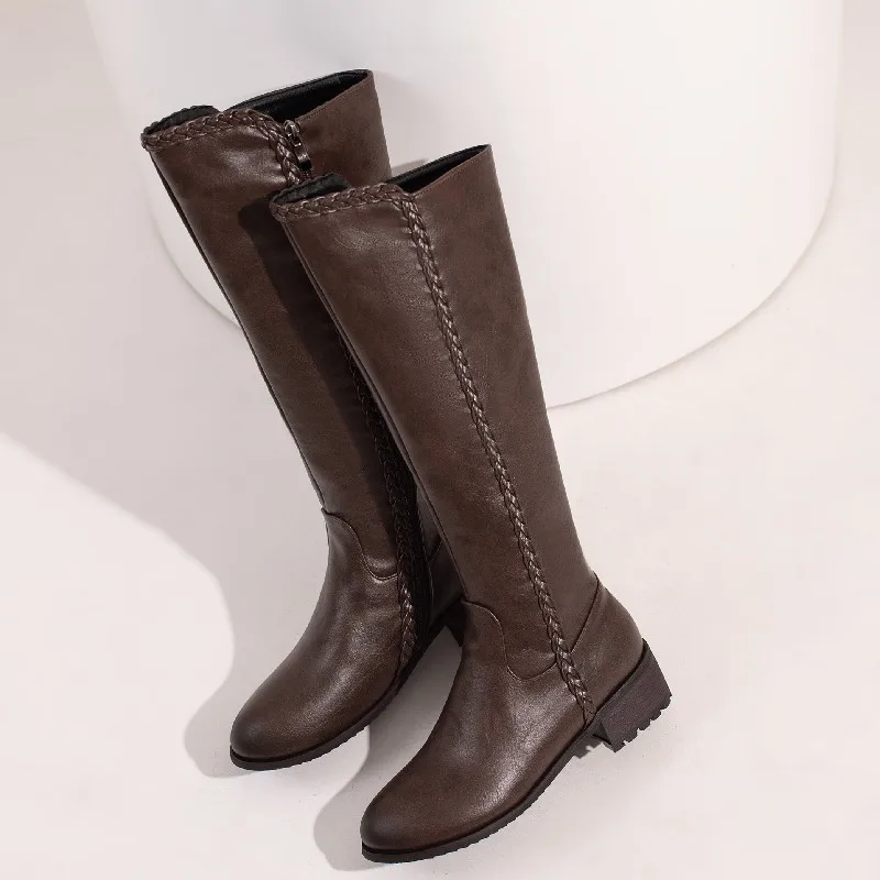 Vintage Knee High Boots Female Sexy High Boots for Women Autumn Winter Black Brown Low Heels Riding Shoes Ladies Big Size 45 48