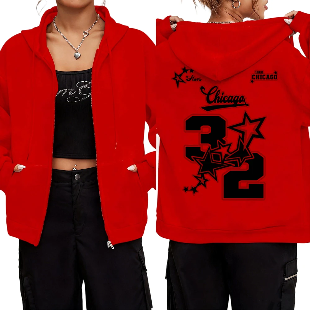 Chicago Shining Stars 32, bedruckte Damen-Kapuzenpullover mit Reißverschluss, warme Winteroberbekleidung, Thermo-Mäntel mit langen Ärmeln, Fleece-Taschenkleidung