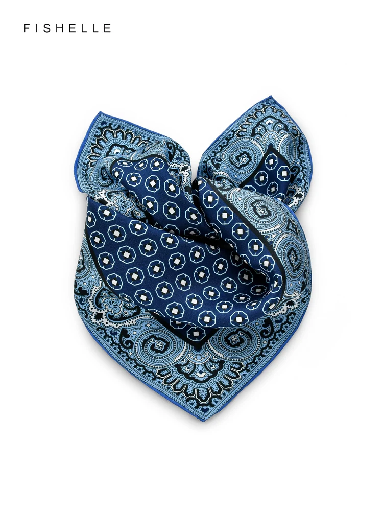 Dark blue light blue printed natural silk twill scarf headscarf handkerchief foulard small hijab wrap women scarves