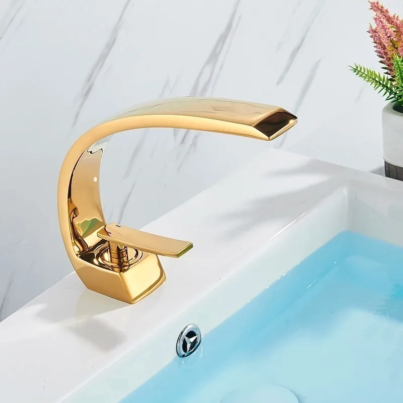 

Bathroom Basin Faucet Single Handle Mixer Mounted Hot Cold Sink Tap, Washing Basin Waterfall Faucets (Shiny Gold Chrome Black)