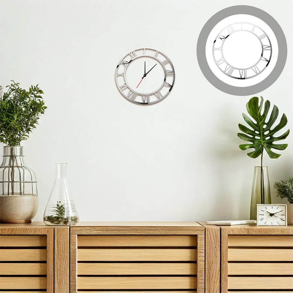 2Pcs Roman Numeral Mirror Wall Clock Face Sticker Acrylic Round Reflective Decal Stylish Space Expanding Decor for Bedroom Hotel