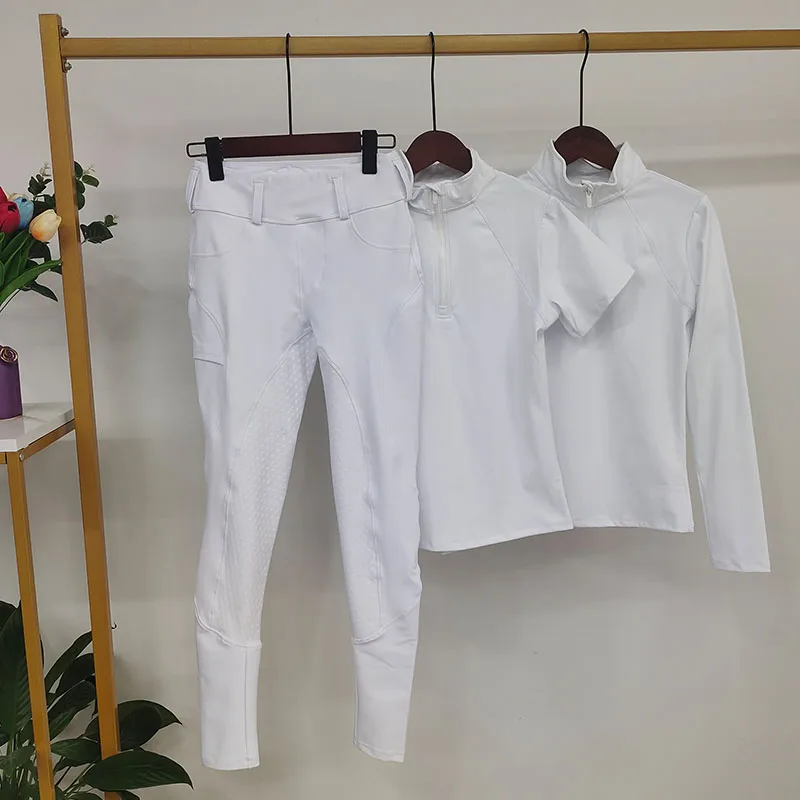 Conjunto de ropa de equitación para mujer, pantalones ecuestres de silicona de asiento completo, trajes deportivos, Leggings de equitación, camisas,