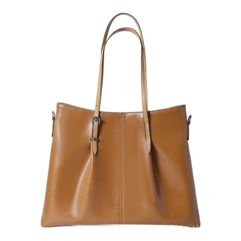 

Genuine Leather Tote Bag for Women Commute Work Contrast Color Elegant Large Capacity Handbag Shoulder Crossbody Bag