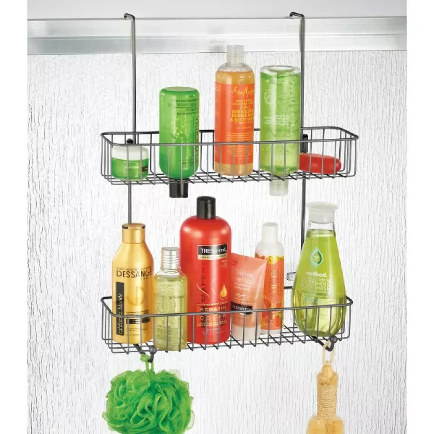 mDesign Wide Metal Over Door Hanging Shower Caddy, 2 Hooks and Baskets