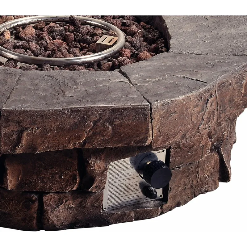 Faux Stone Round Outdoor Propane Gas Fire Pit with Weather-Resistant PVC Cover for Easy Clean-Up on Patios Gardens Backyard