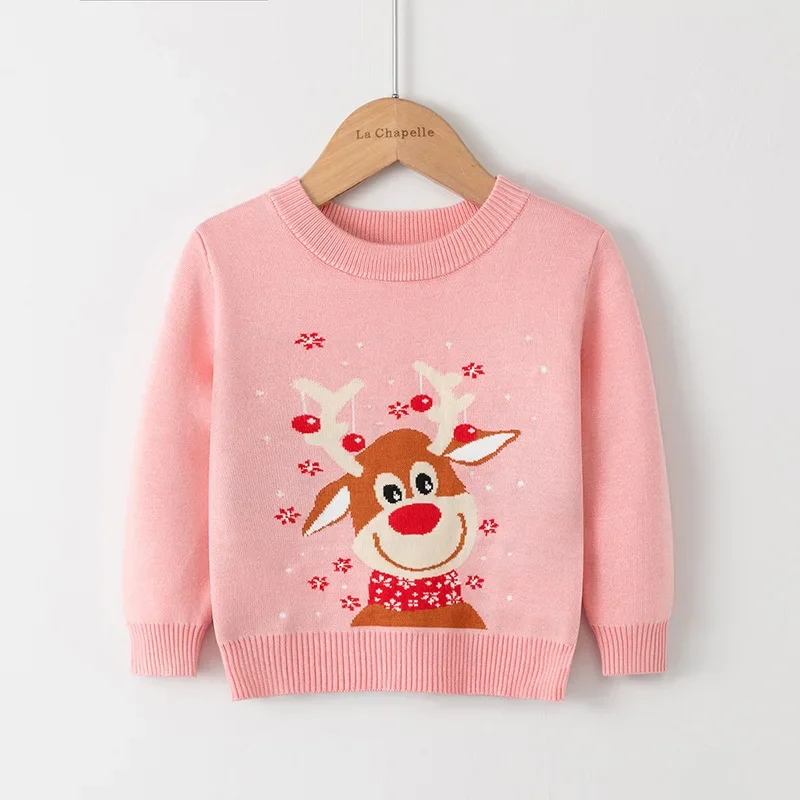 

New Kids Cute Cartoon Elk Jacquard Christmas Warm Knitted Pullover Sweater Knitwear Baby Boys Girls Autumn Winter Xmas Sweaters